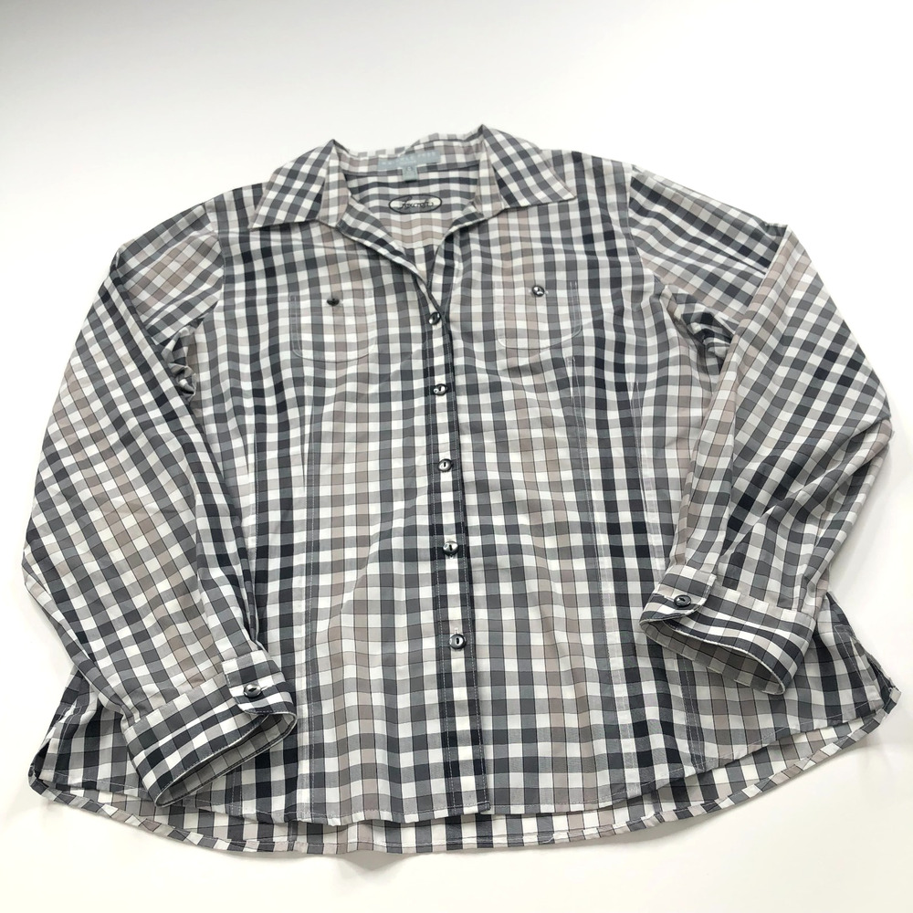 Foxcroft 14P Wrinkle Free Fitted Long Sleeve V-Neck Check Plaid Dress Shirt Gray